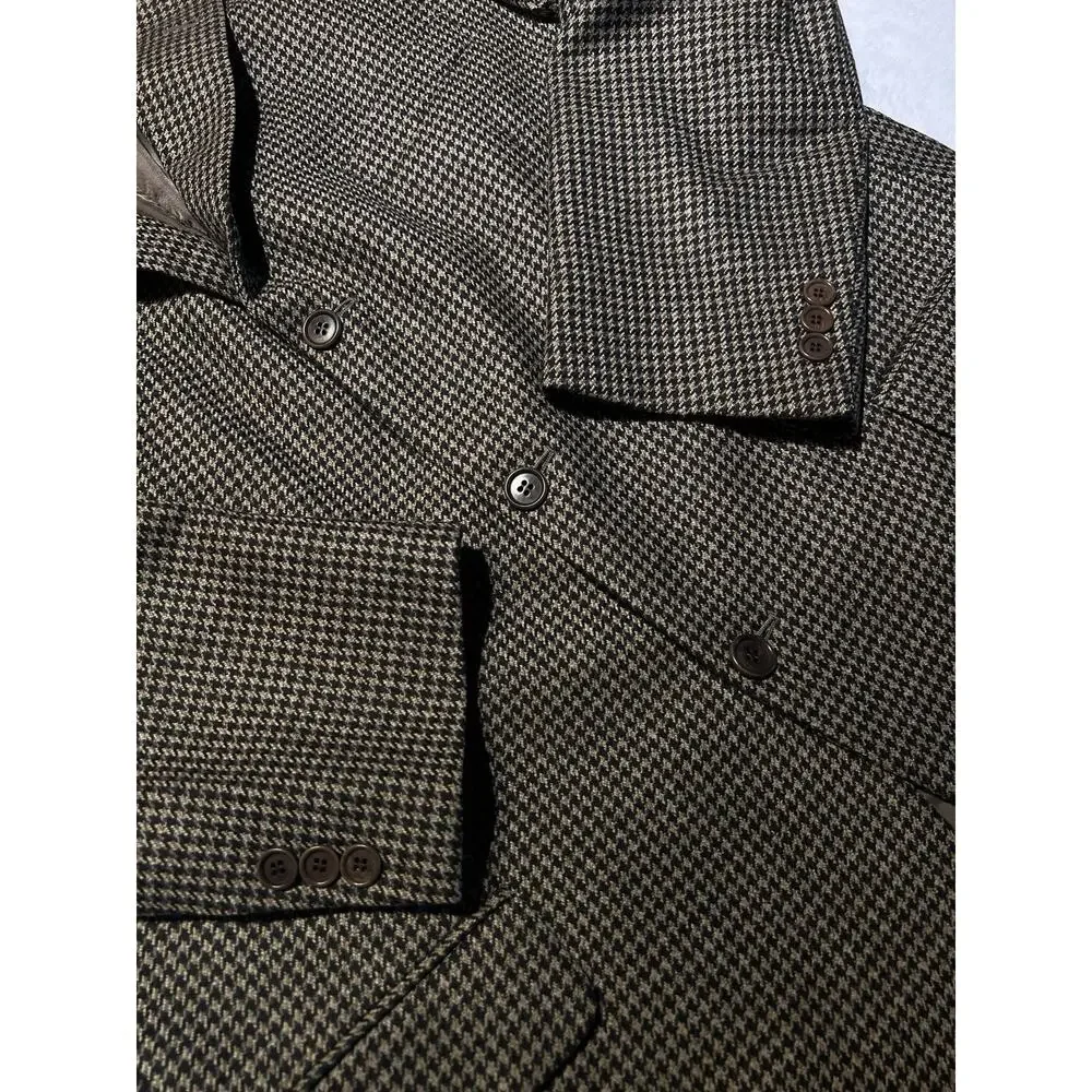 Vintage Zegna x Cambridge Wool Cashmere 46-48L Black Tan Houndstooth Sport Coat